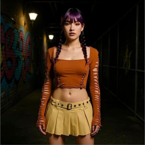 Current Mood Earth Brown Slashed Long Sleeve Crop Top XS - Picture 8 of 9